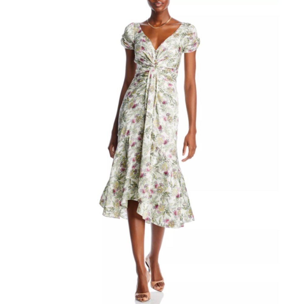cinq a sept Green and Pink Floral Tie-Front Midi Dress